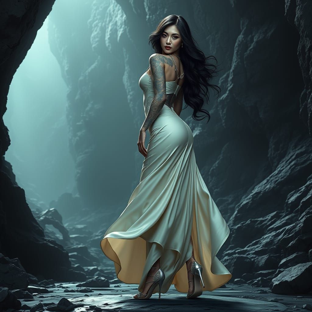 Voluptuous Tattooed Woman in Obsidian Cavern