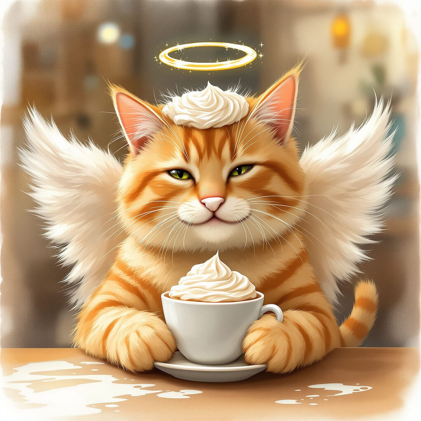 Whimsical Cat with Angel Wings Enjoys Cappuccino