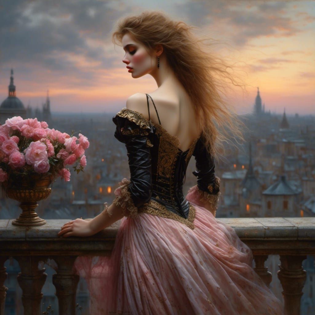 Photorealistic Woman with Freckles on Balcony