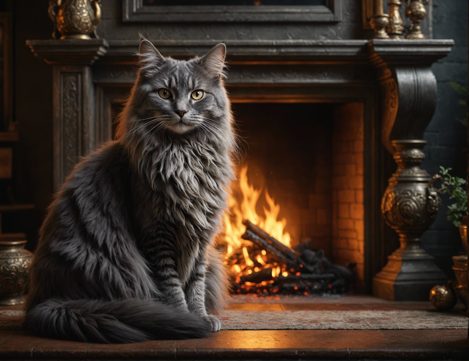 Longhaired Cat Warming by Fireplace in Detailed Matte Painti...