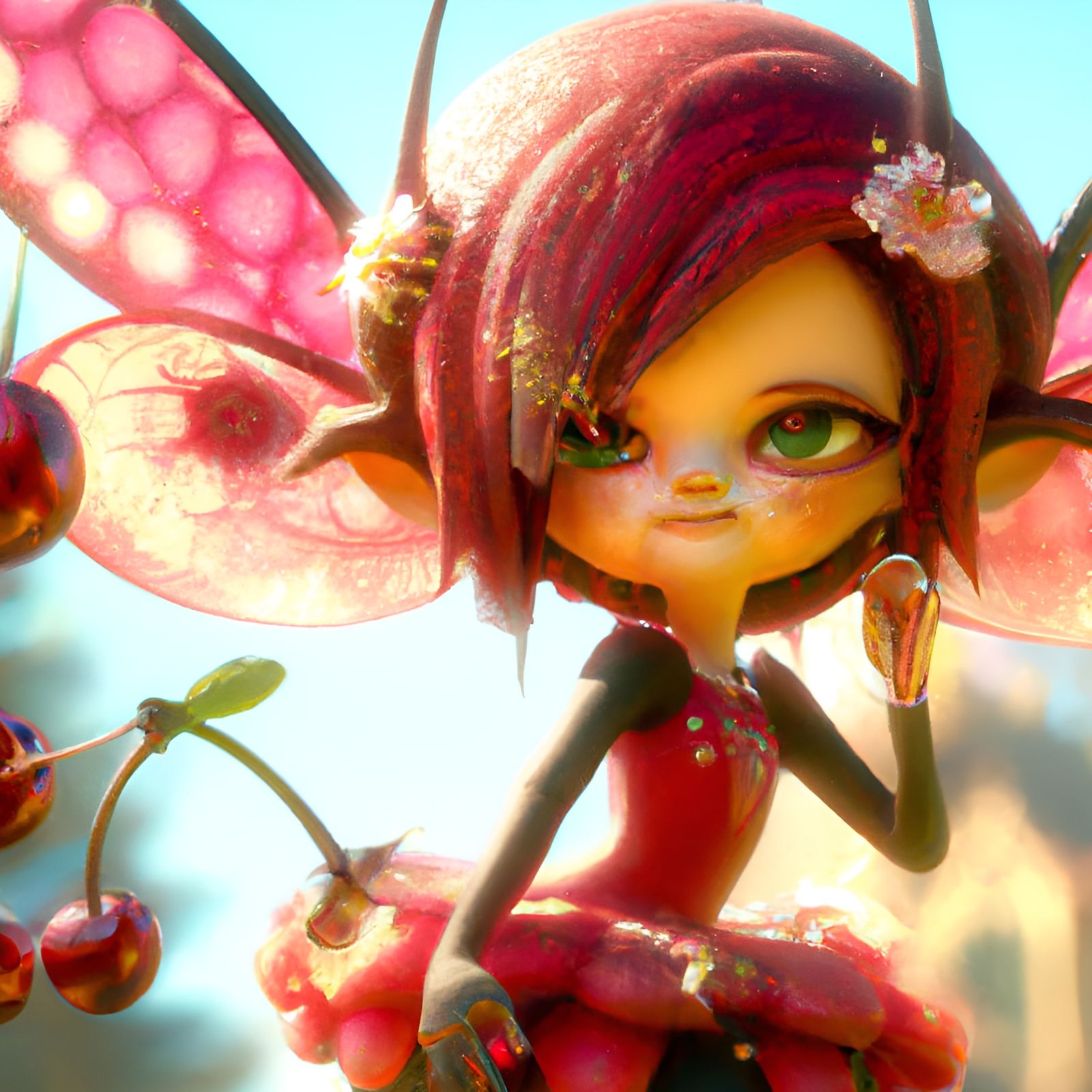 Adorable Cherry Fairy in Detailed 3D Digital Art