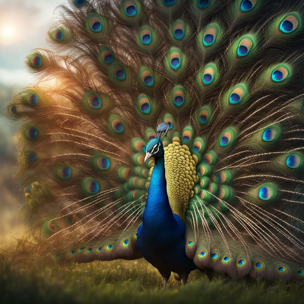 Peacock Displaying Feathers: Detailed Matte Painting