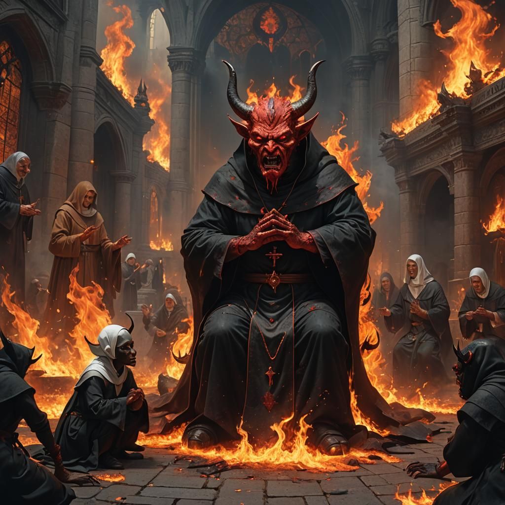 Demonic Confrontation: Nun Kneels Before Fiery Devil