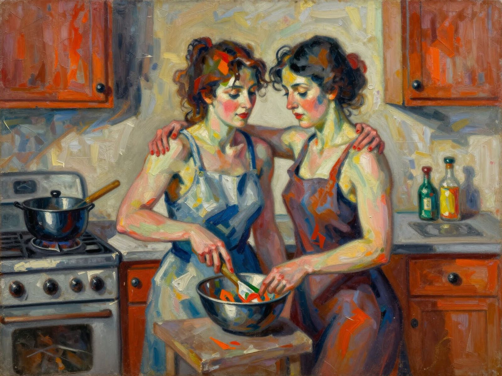 Cubist Oil Painting of Women Embracing in Kitchen