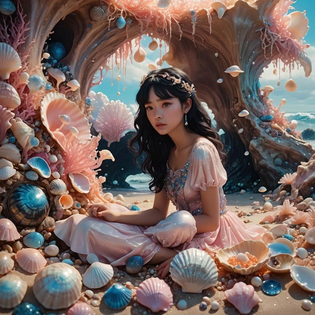 Girl in Magical Seashell, Dreamy Digital Painting