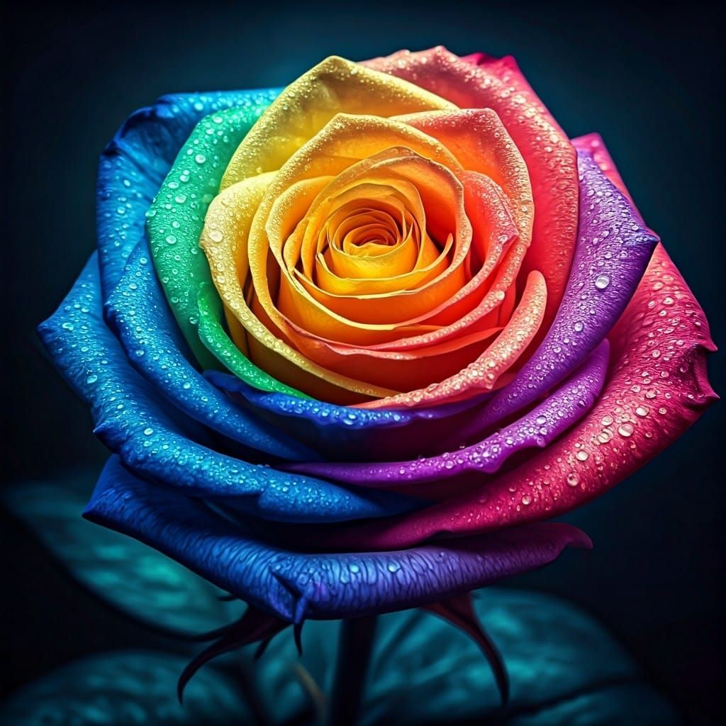 Rainbow Rose with Crystal Dew in Hyper-Realistic Style