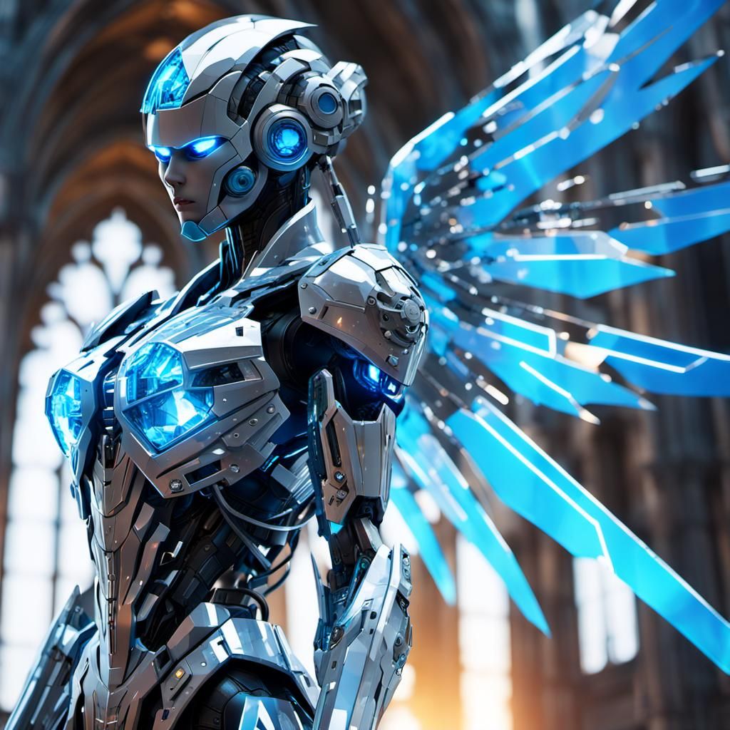 Cyberpunk Angel in High-Tech Cathedral: Concept Art