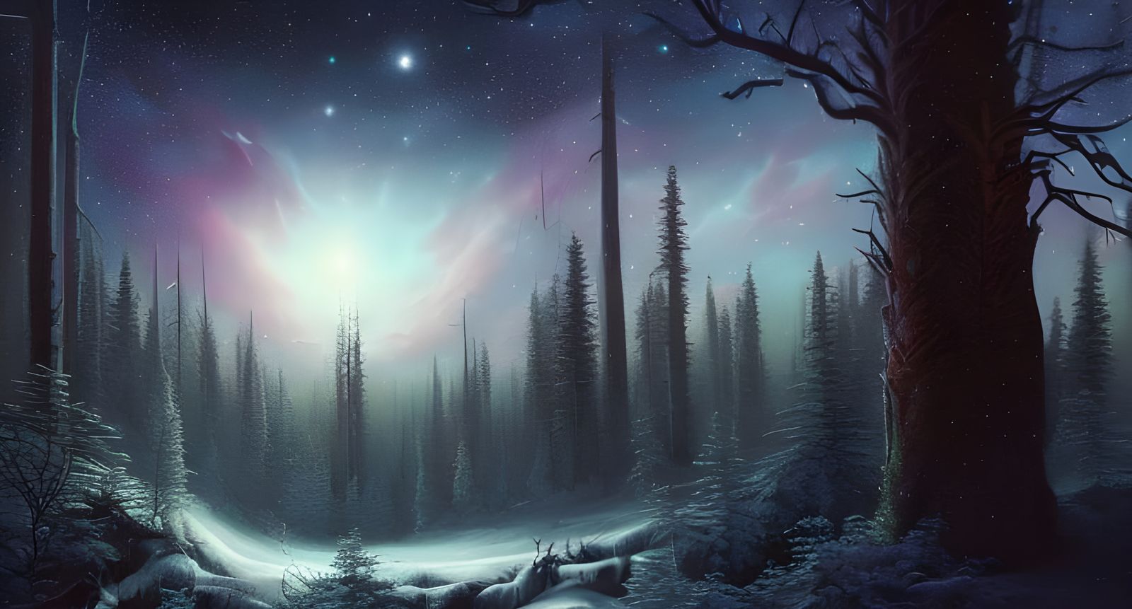 Detailed Night Sky Over Winter Forest in Digital Art