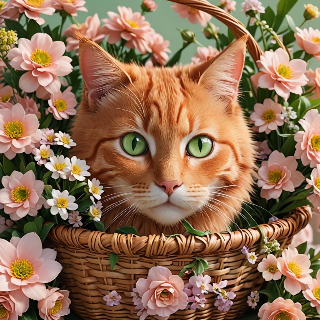 Ginger Cat in Flower Basket: 3D Anime Art