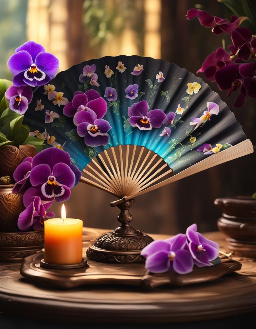 Pansy Fan and Orchids in Hyperrealistic Studio Photo