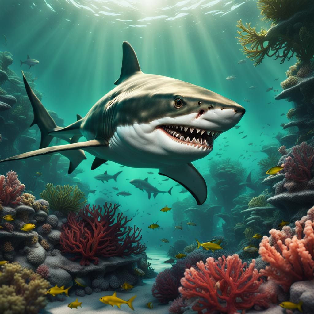 Shark with Open Mouth in Coral Reef