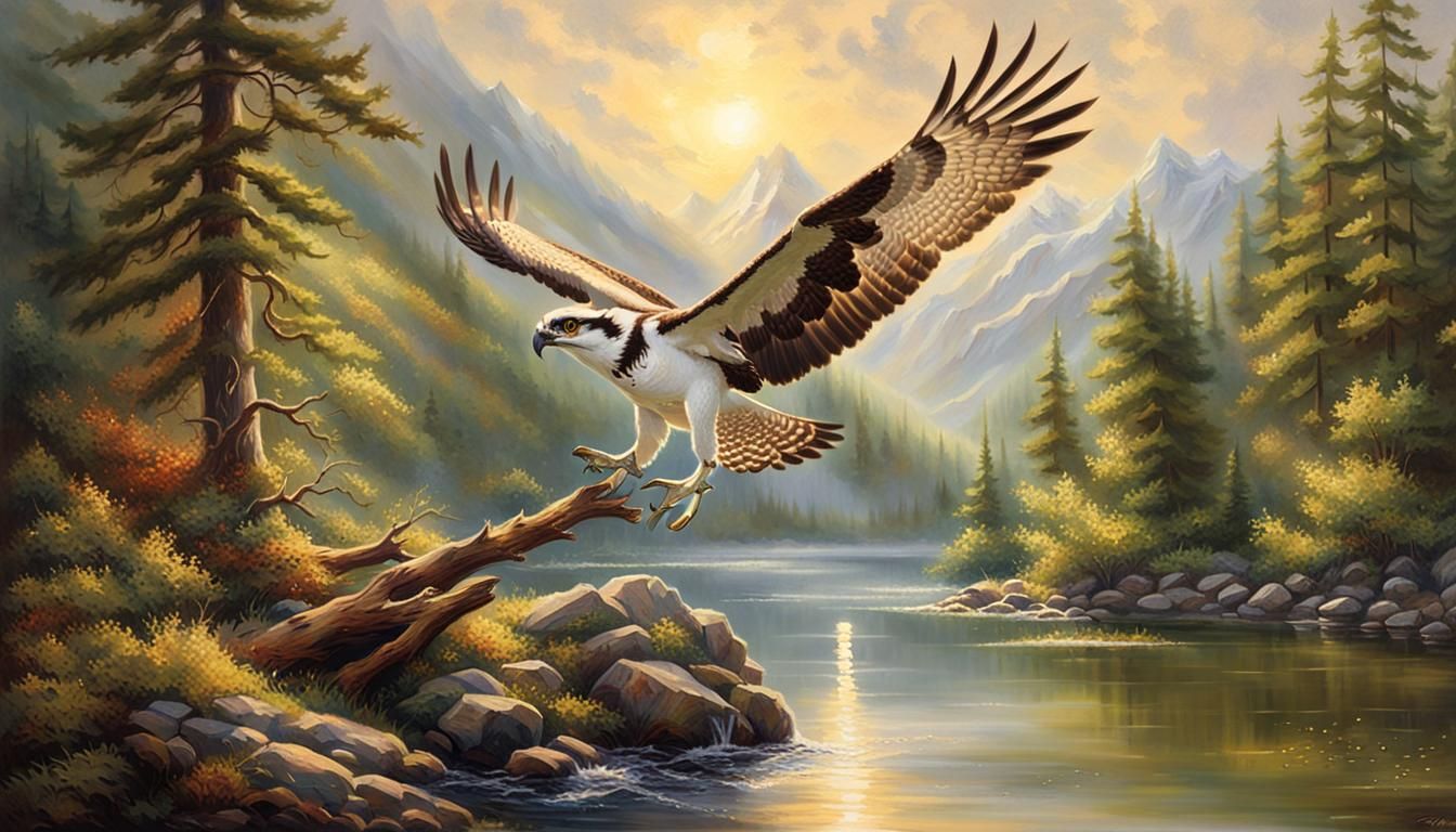 Osprey Fishing in Lake: Kinkade-Style Oil Painting