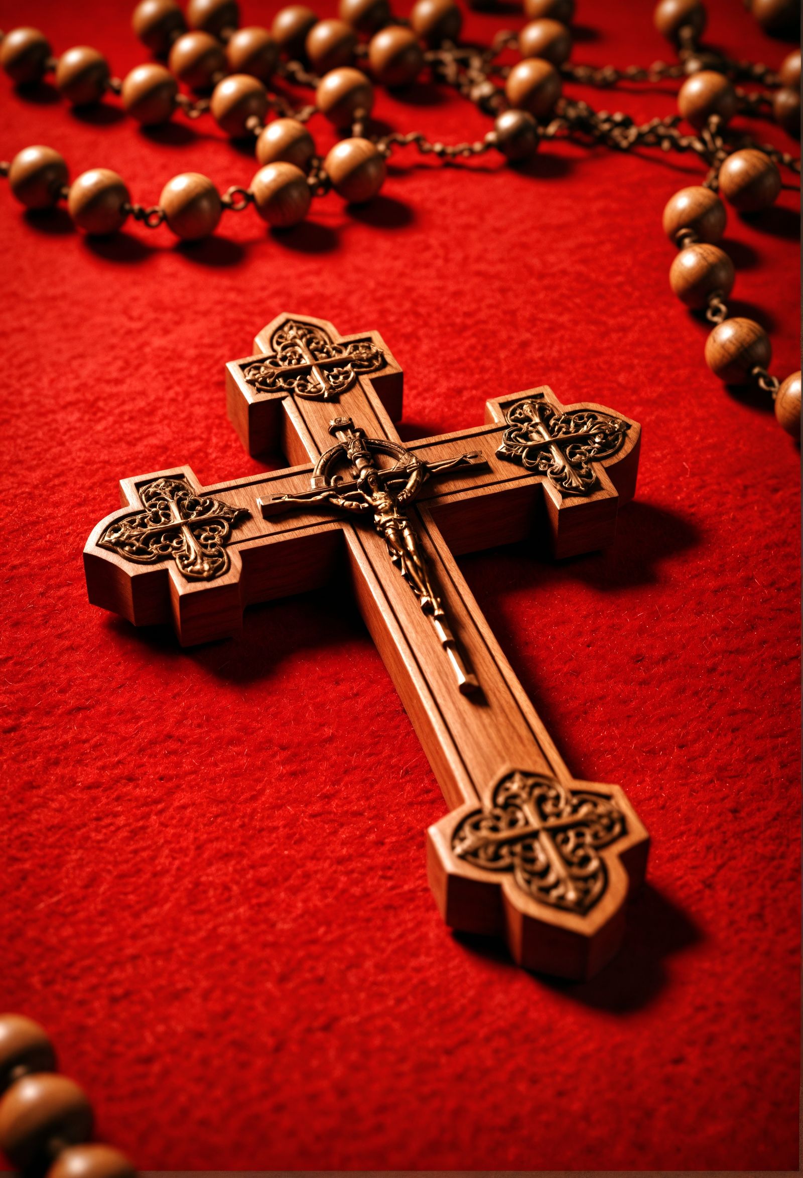 Wooden Holy Cross on Red Felt, Hyperrealistic