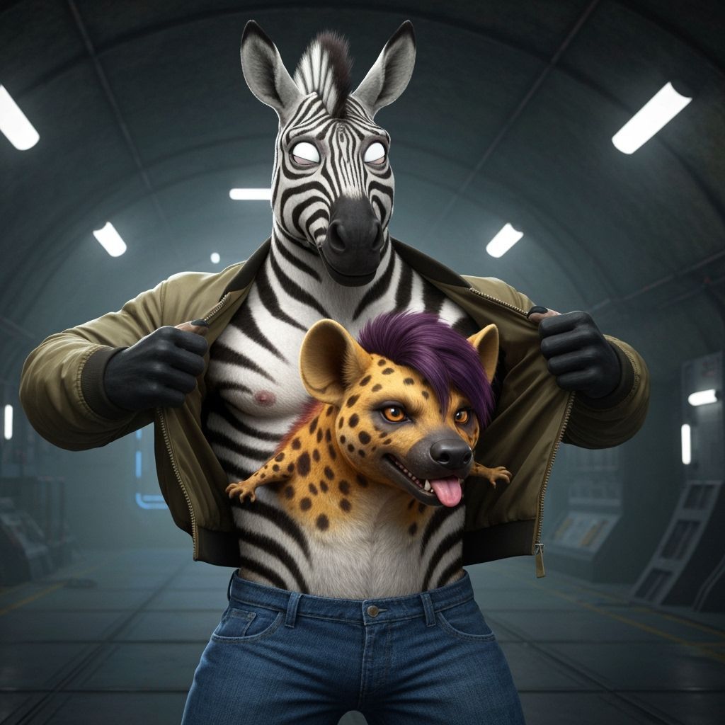 Mutant Zebra Hyena Twin in Sci-Fi Cavern Base