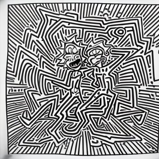 Black and white line art. Bold outlines, reminiscent of Keit...