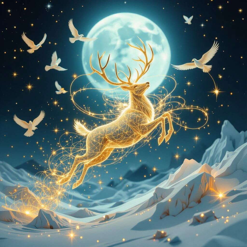 Luminous Stag Leaping in Celestial Paper-Craft Style