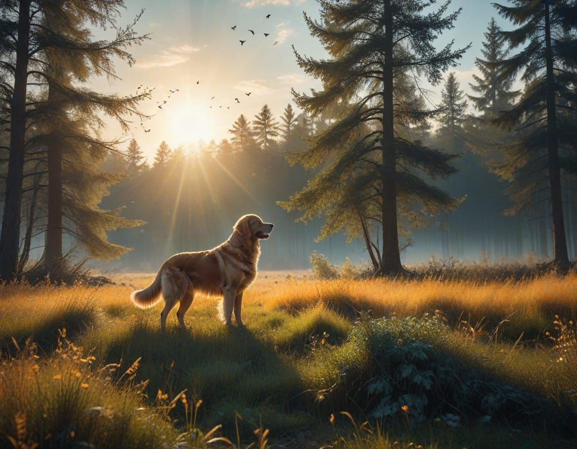 Golden Retriever Double Exposure in Watercolor Style