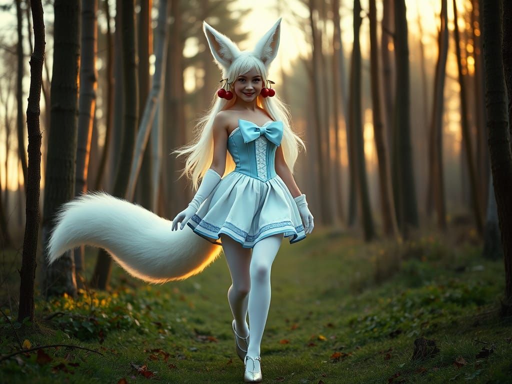 Fox-Eared Lady with Cherries in Surreal Forest