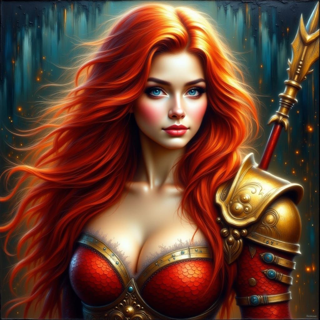 Red-Haired Warrior Woman in Textured Impasto Oil Painting