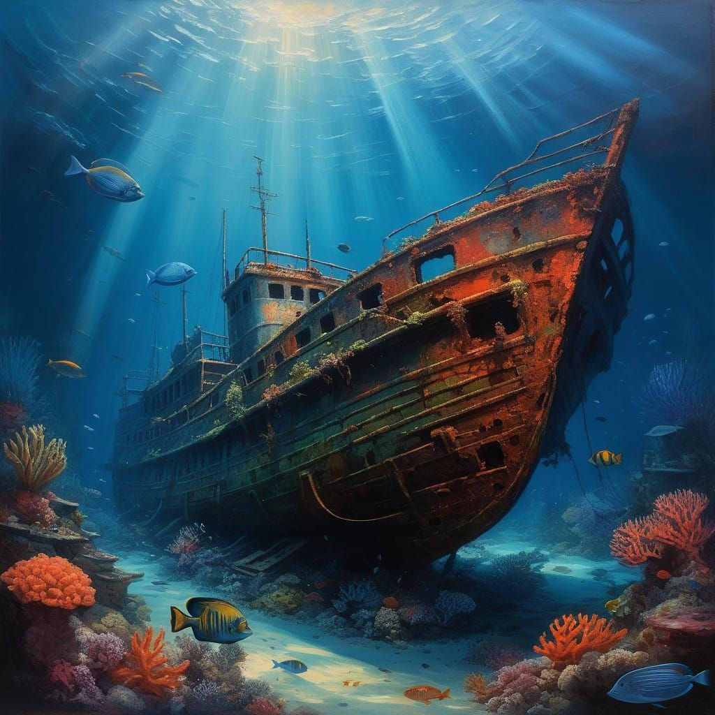 Tropical Underwater Scene with Sunken Ship in Oil Painting S...