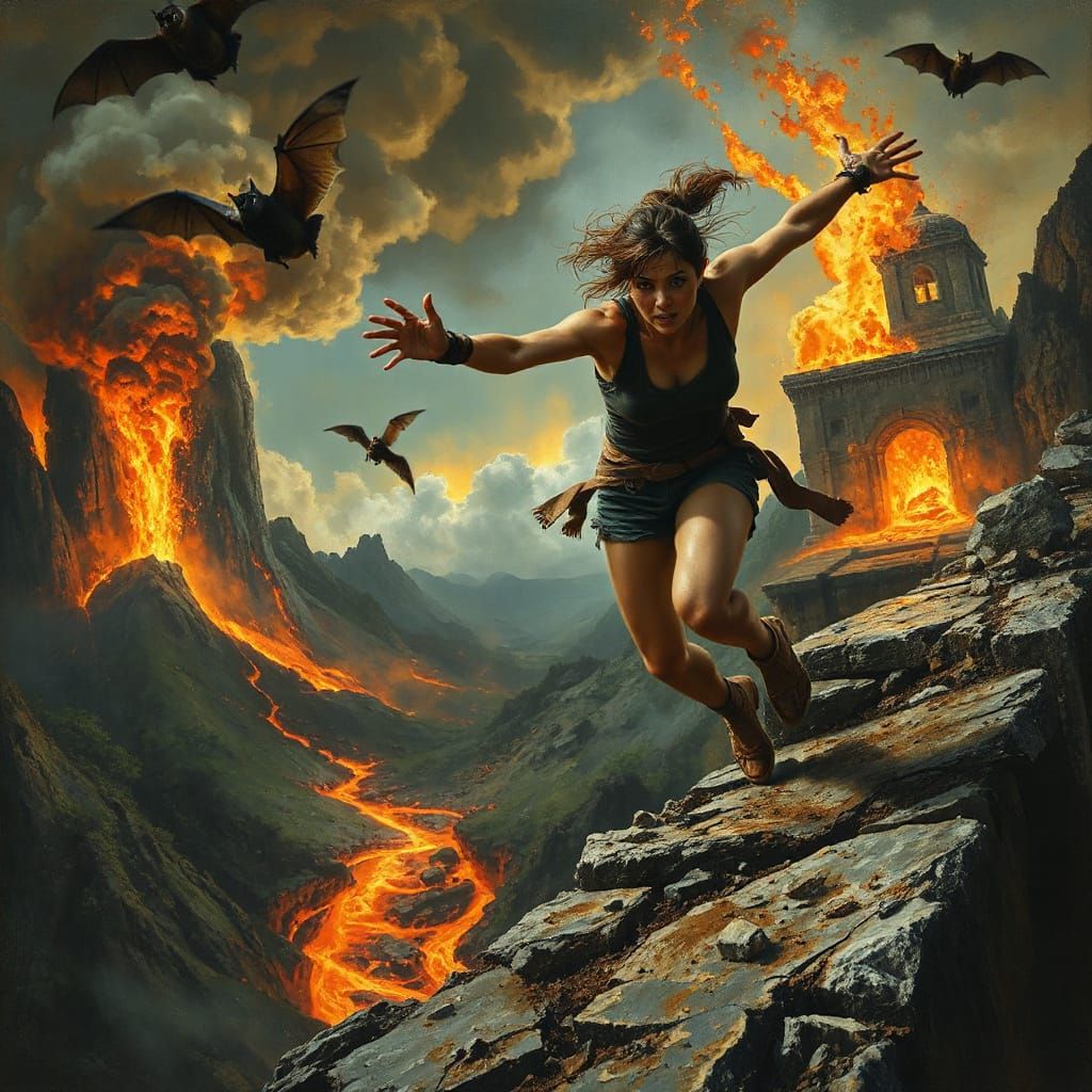 Adventurer's Escape: Erupting Volcano in Oil Painting Style