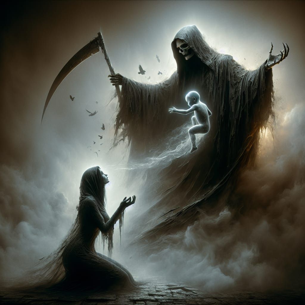 Mother losing baby, pleading with Death