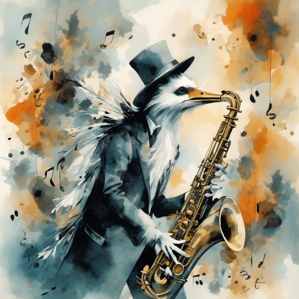 <lora:Photogram 222:1.0> Surrealistic jazz scene. Close-up shot. A bird wearing a zootsuit and fedora with iridescent bl...