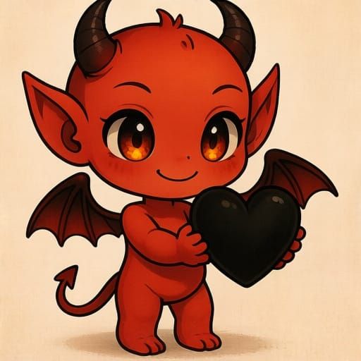 An adorable little chibi demon with brimstone eyes, offering...