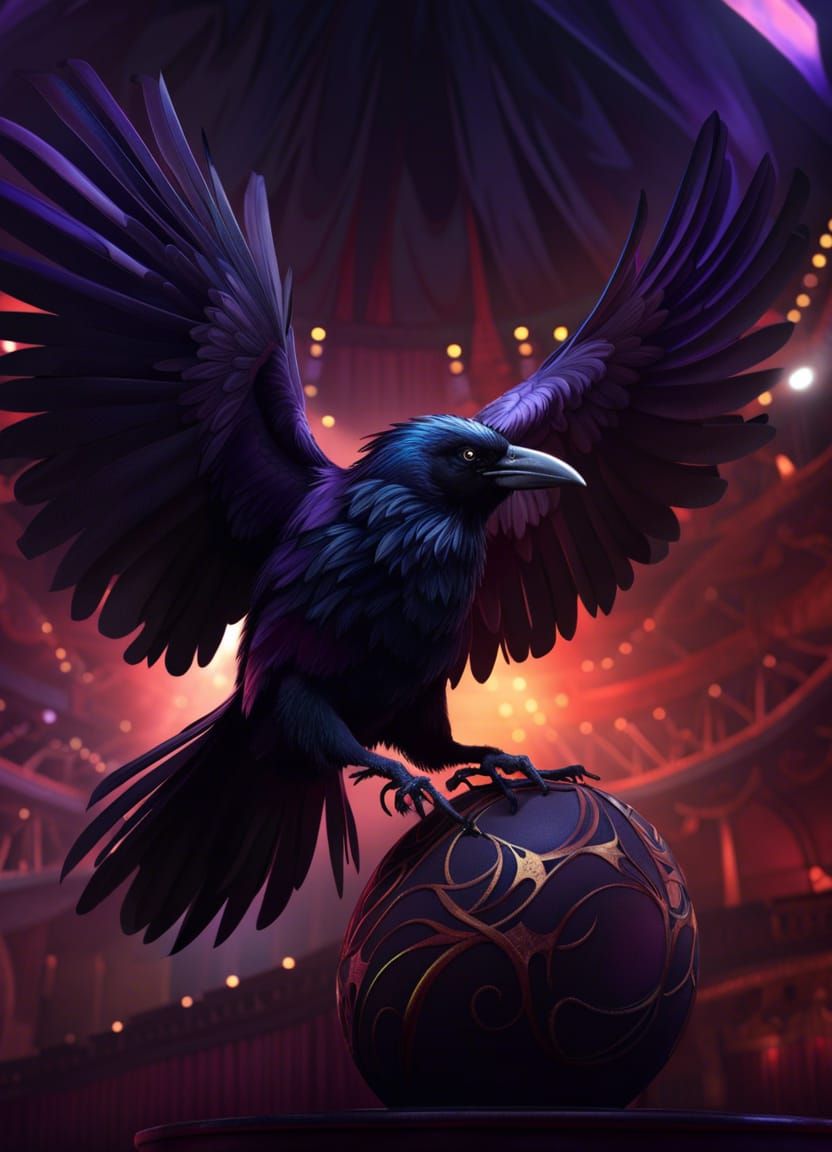 Magical Raven Performing in a Circus as Ink Art