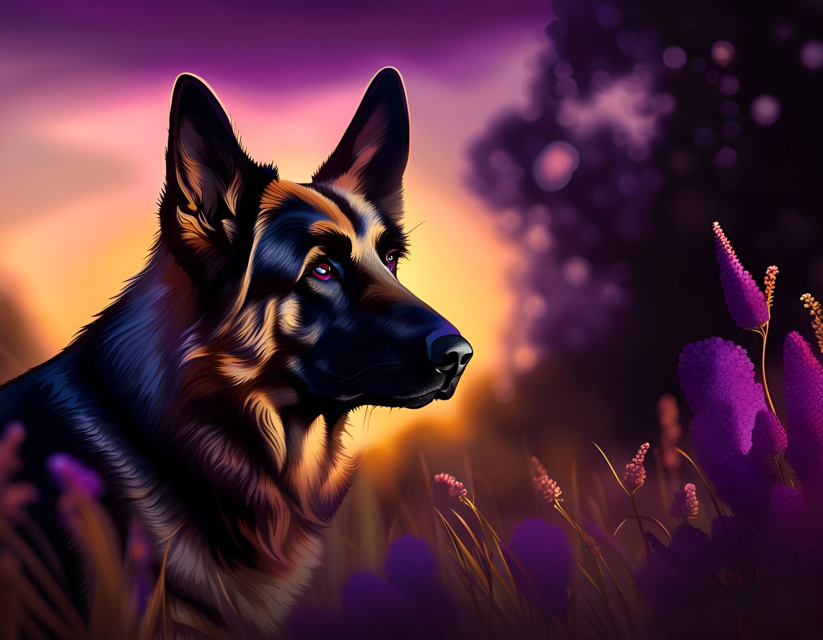 German Shepherd and Purple Flower in Golden Hour
