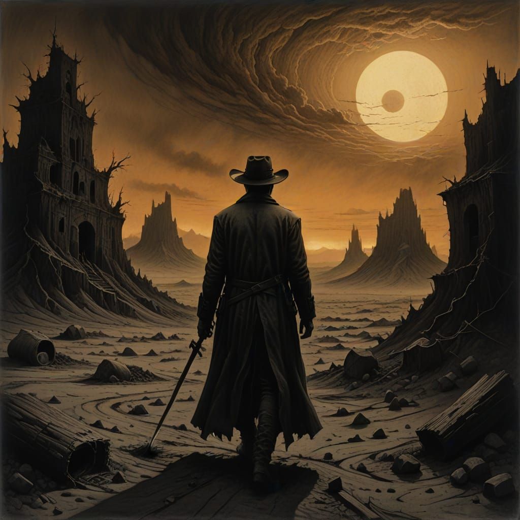 Cowboy vs Reaper at Desert Sunset in Gothic Style