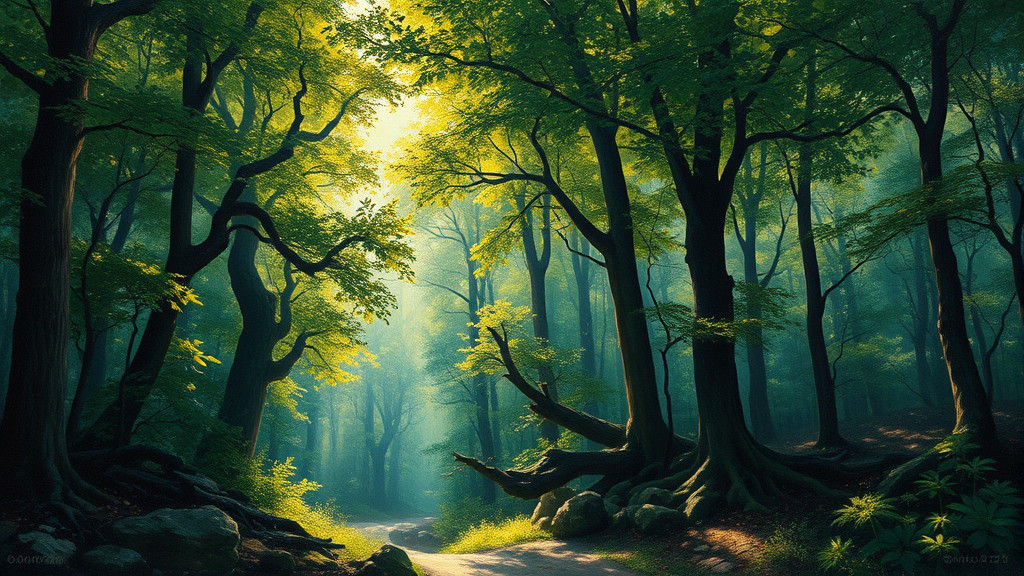 Lush Forest Landscape in Oil Painting Style