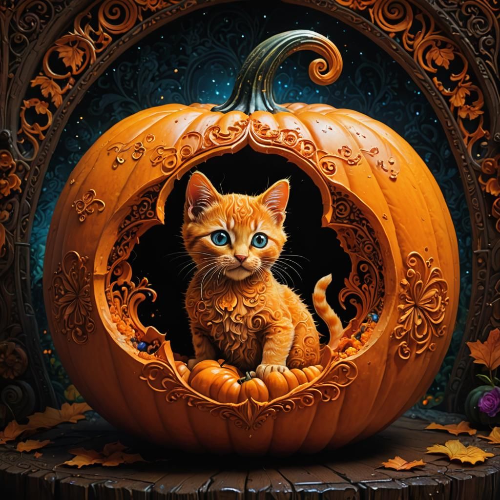 Kitten in Pumpkin: Psychedelic Digital Art
