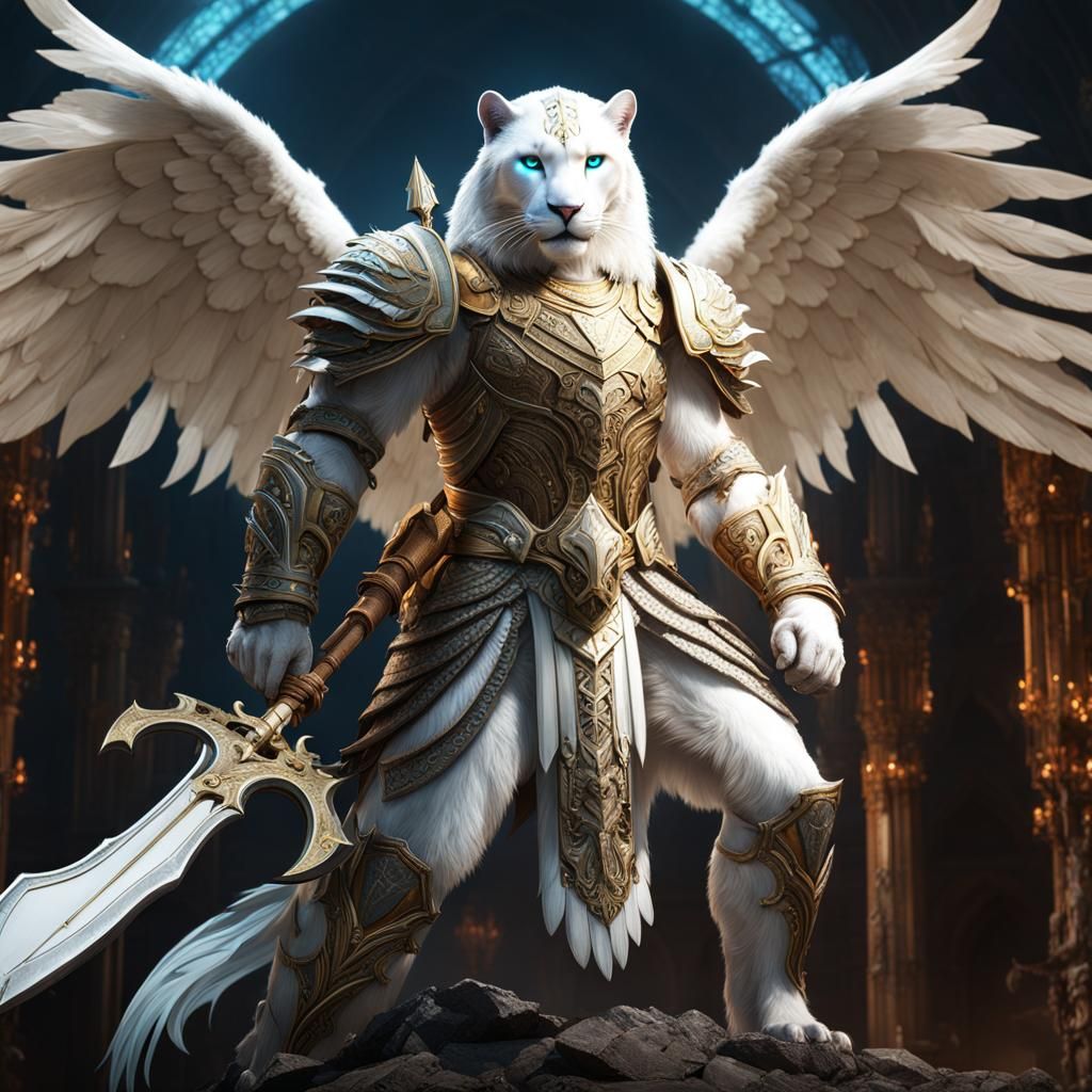 A humanoid white panther with angel wings,
