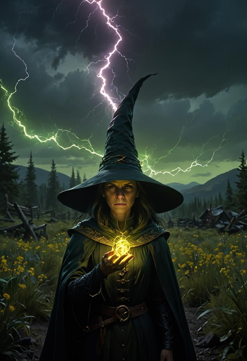 Furious Witch Expelling Luminous Energy in Digital Art