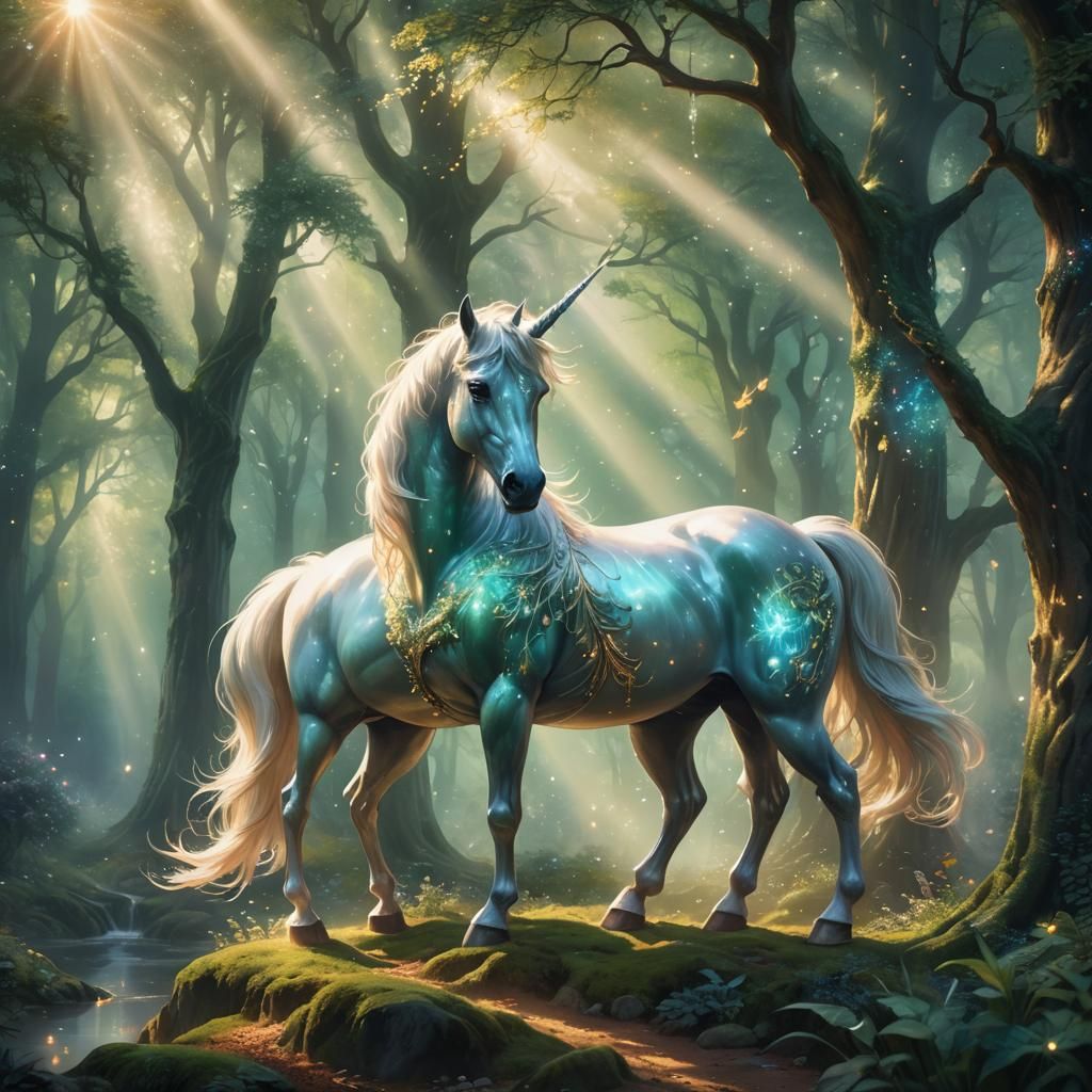 Mystical Unicorn in Enchanted Forest: Ethereal Fantasy Art