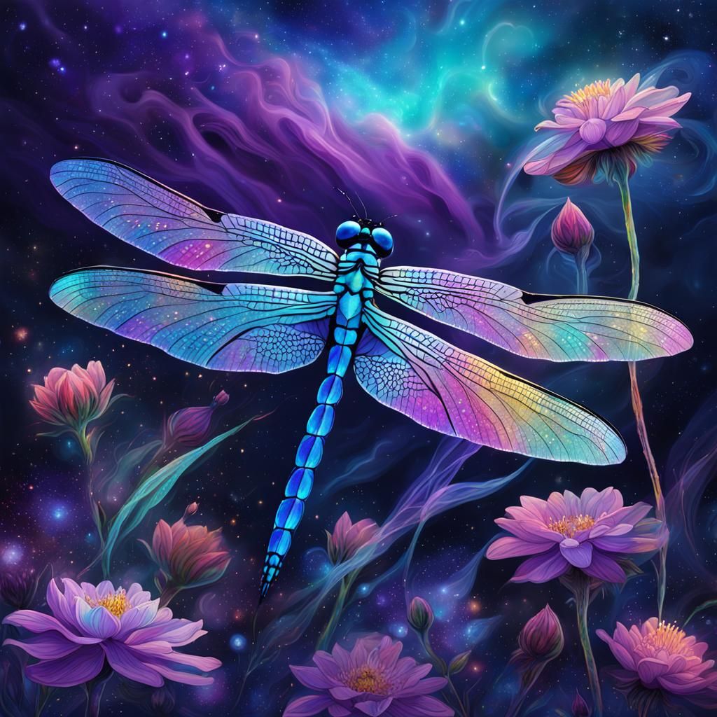 Astral Dragonfly Over Flower, Holographic Illustration