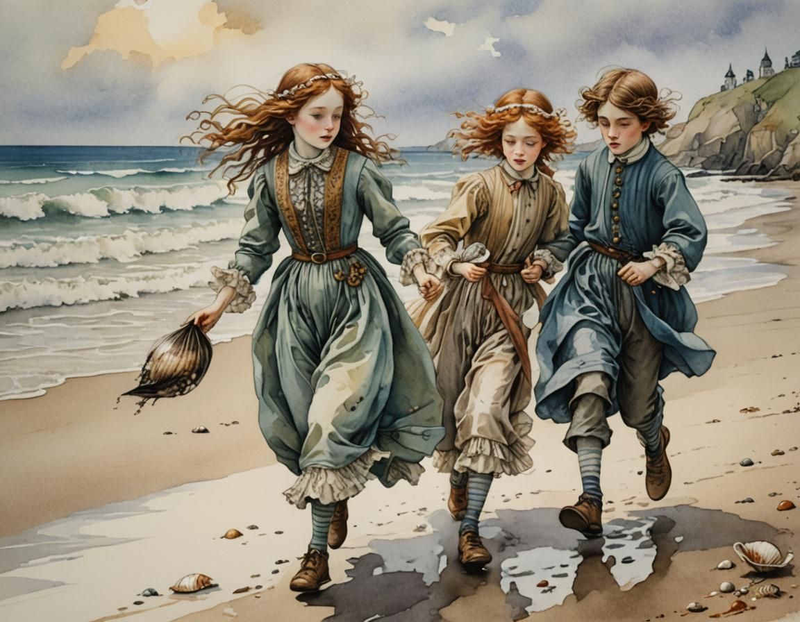 Whimsical 19th Century Children at the Seaside in Watercolor