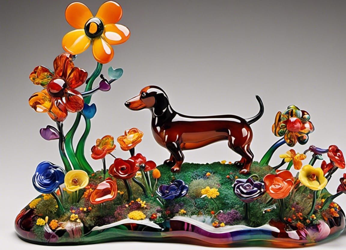 Whimsical Blown Glass Garden with Dachshund