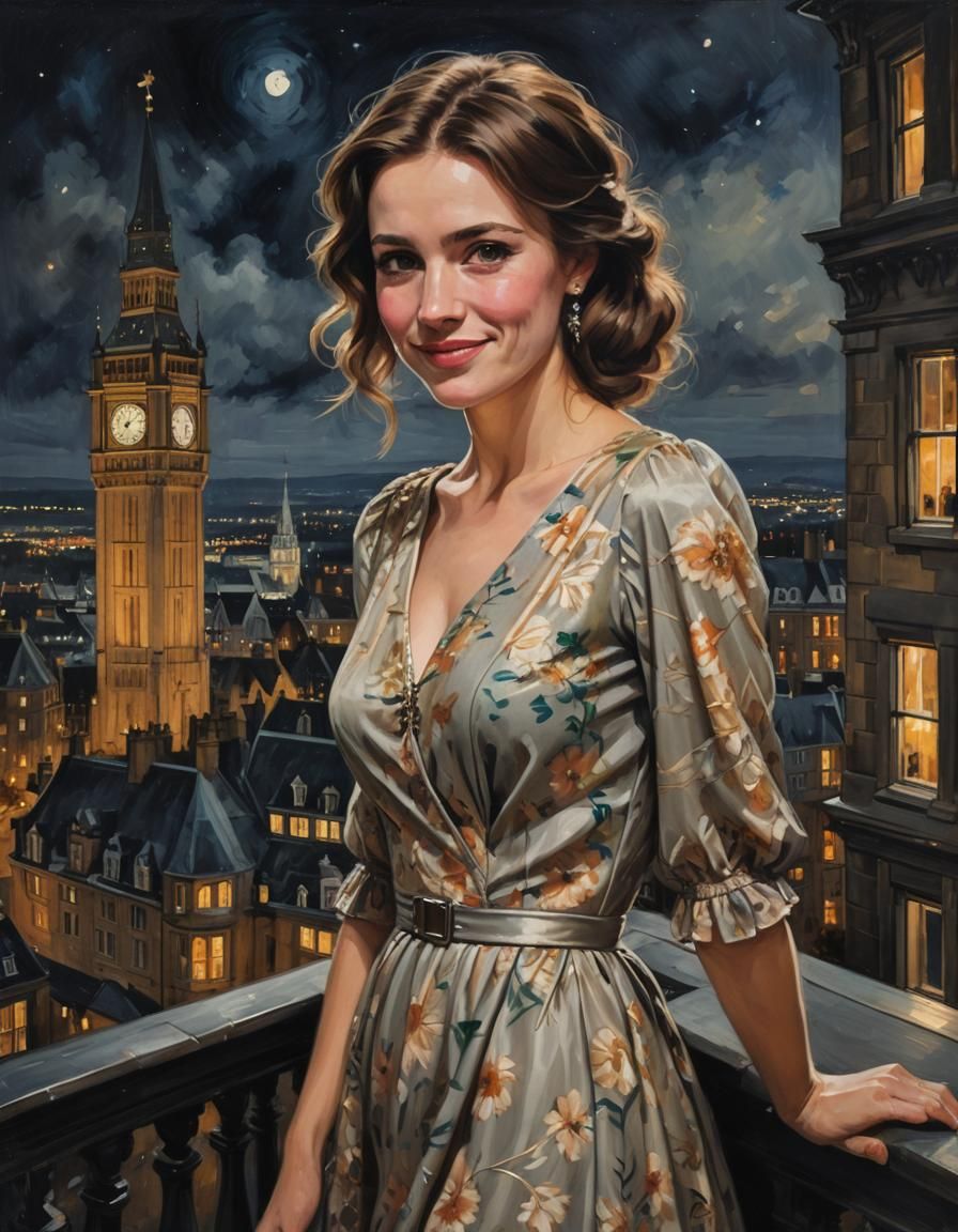 A gorgeous Young Welsh woman in a beautiful dress, shy smile, in her apartment in Cardiff At night, Elizabeth tower in b...