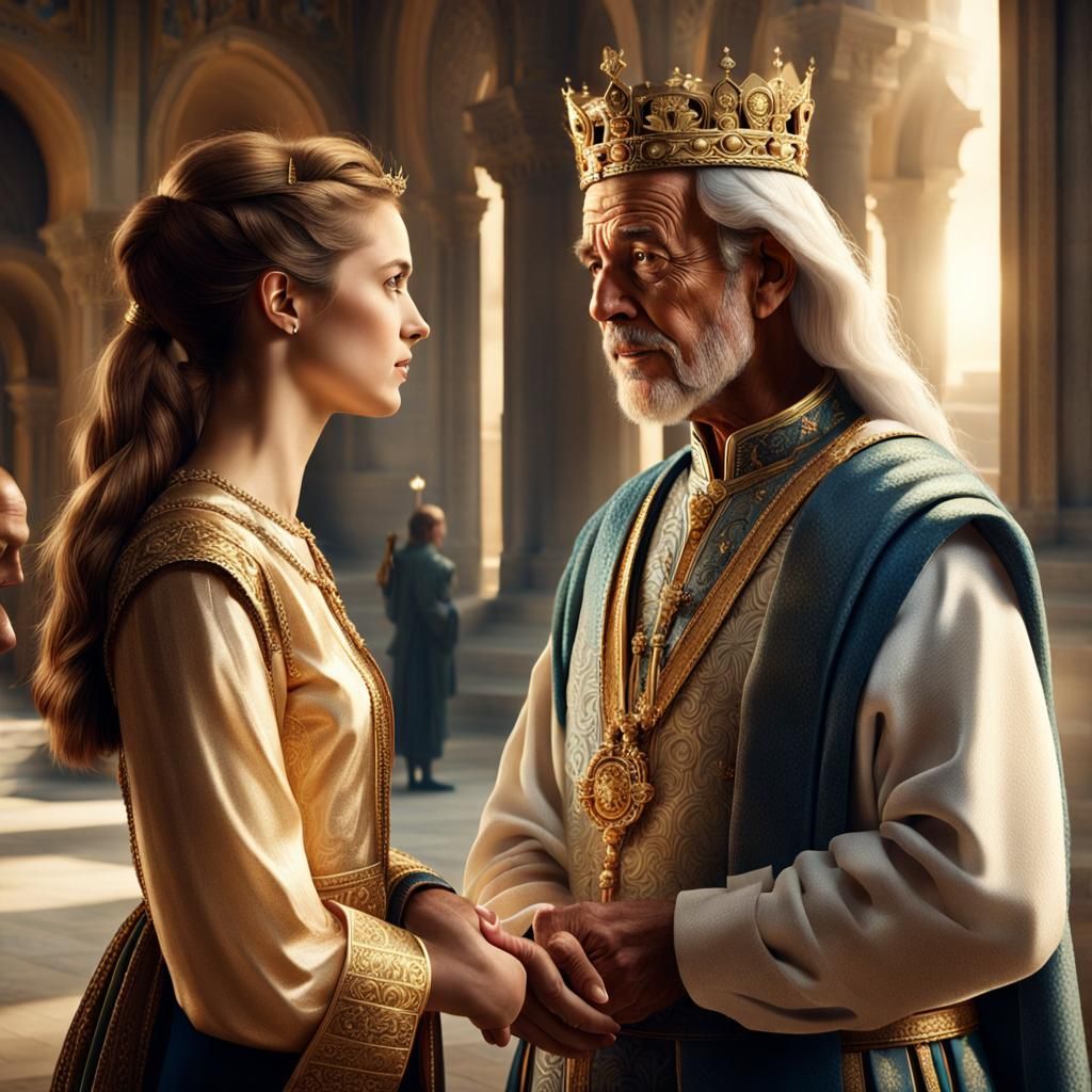 Biblical Palace Scene: Woman and King in Photorealistic Styl...