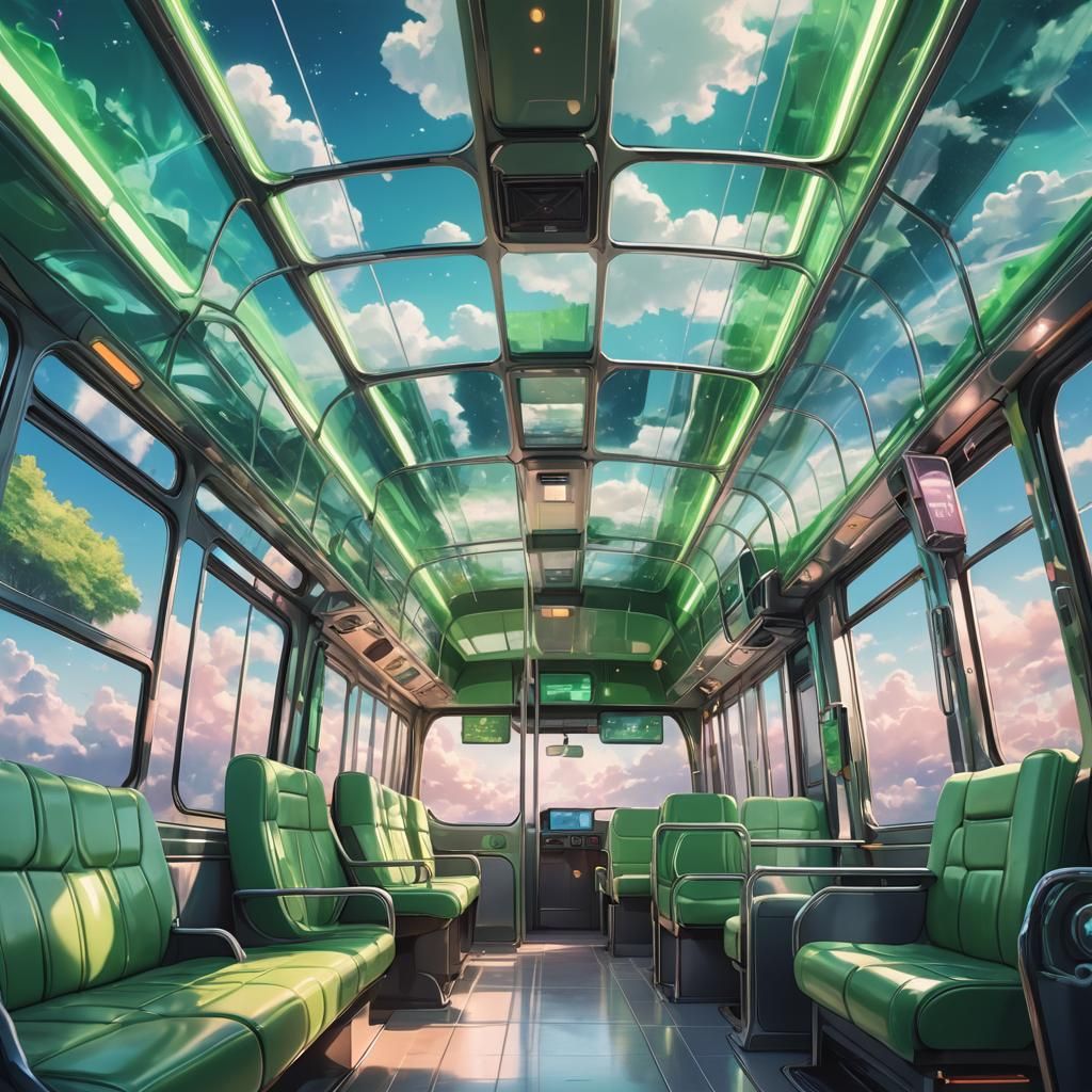 Futuristic Green Bus Interior in the Clouds