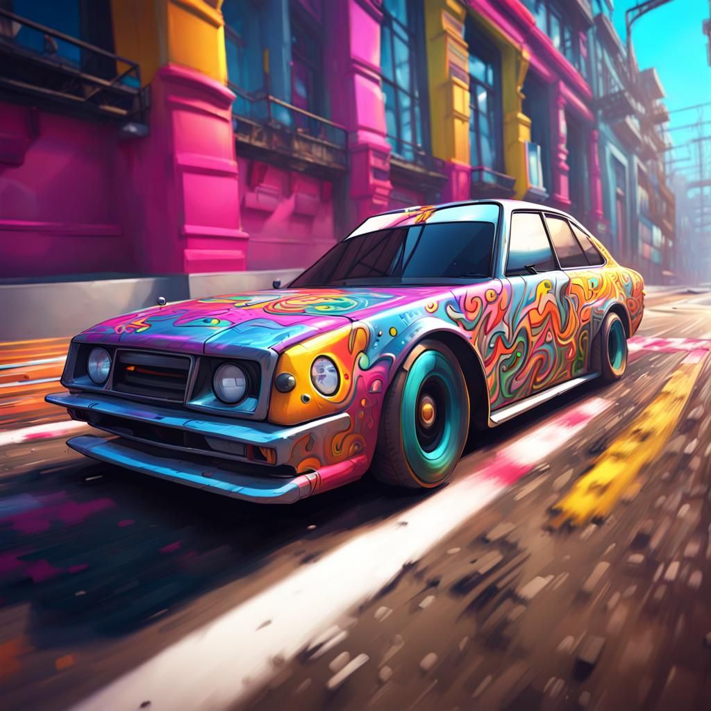 Hybrid Sedan Street Race in Graffiti Splash Art