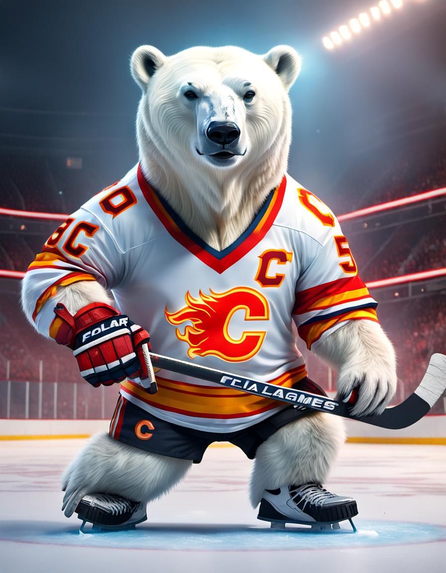 Vibrant Polar Bear Hockey Player in Chicago Flames Jersey