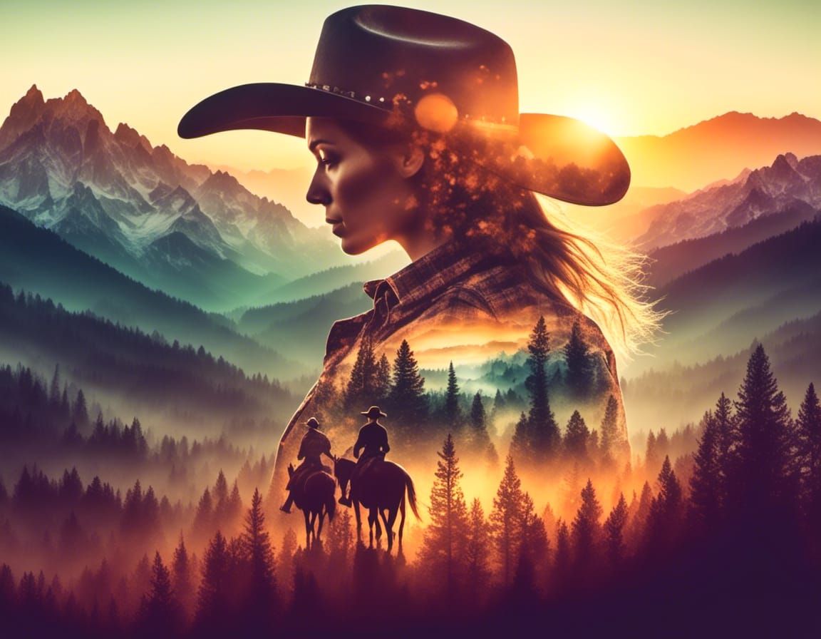Double Exposure Cowgirl in Western Landscape, Fantasy Art