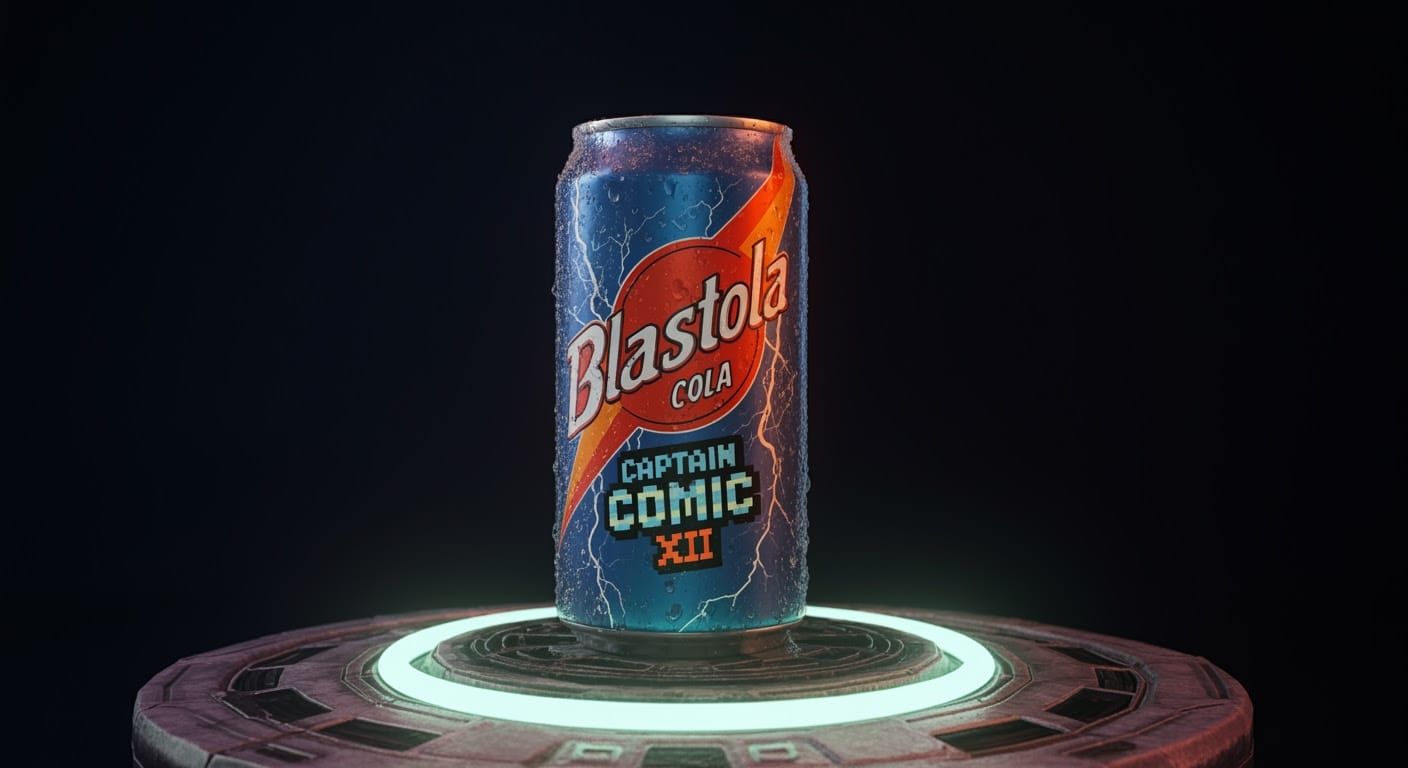 Retro-Futuristic Blastola Cola Can in Sci-Fi Setting