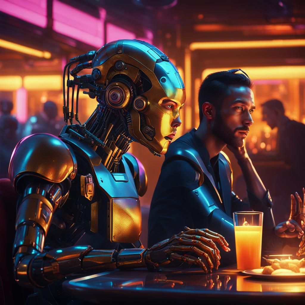 Cyberpunk Robot and Man in Luxurious Restaurant