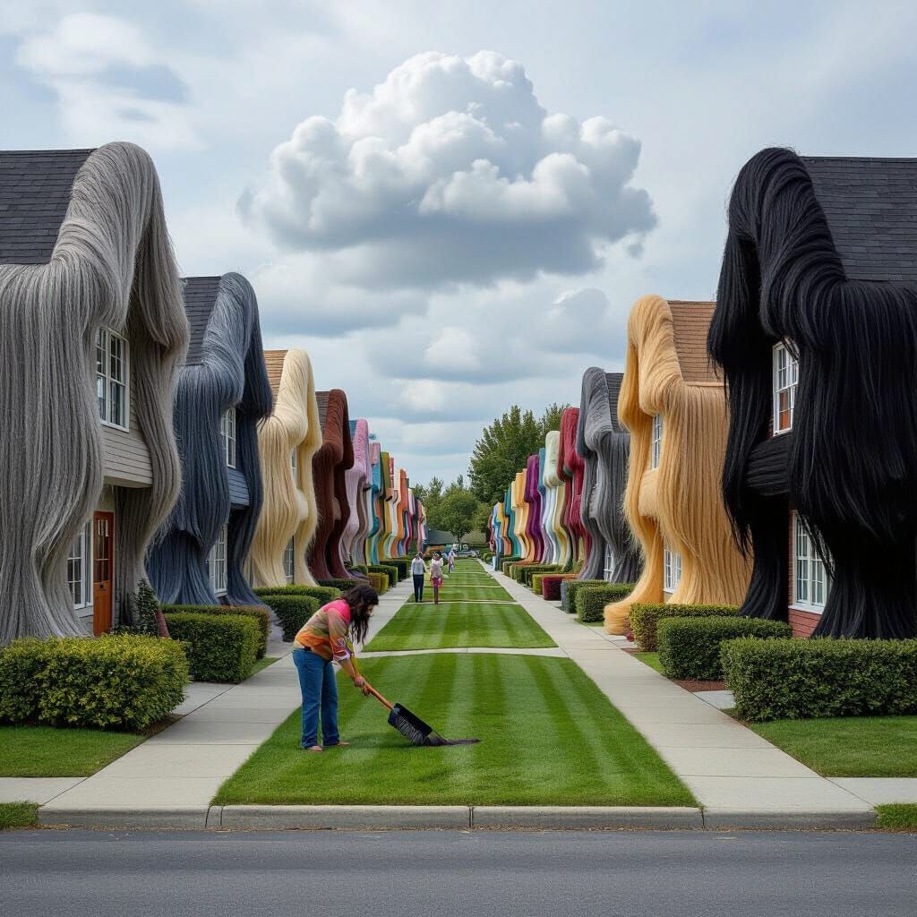 Surreal Street of Houses Made of Hair