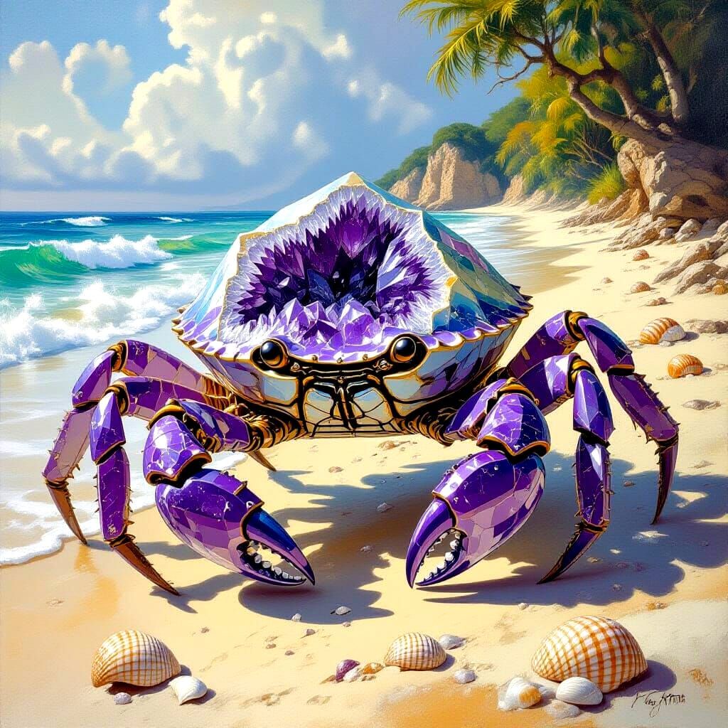 Crystal Crab with Amethyst Geode Shell on Sandy Beach