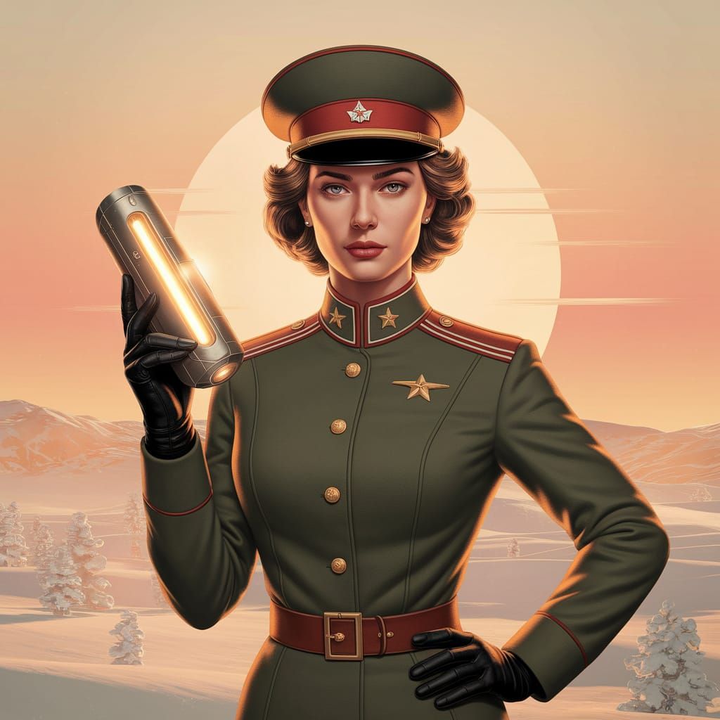 Confident Woman in Soviet Uniform at Sunset